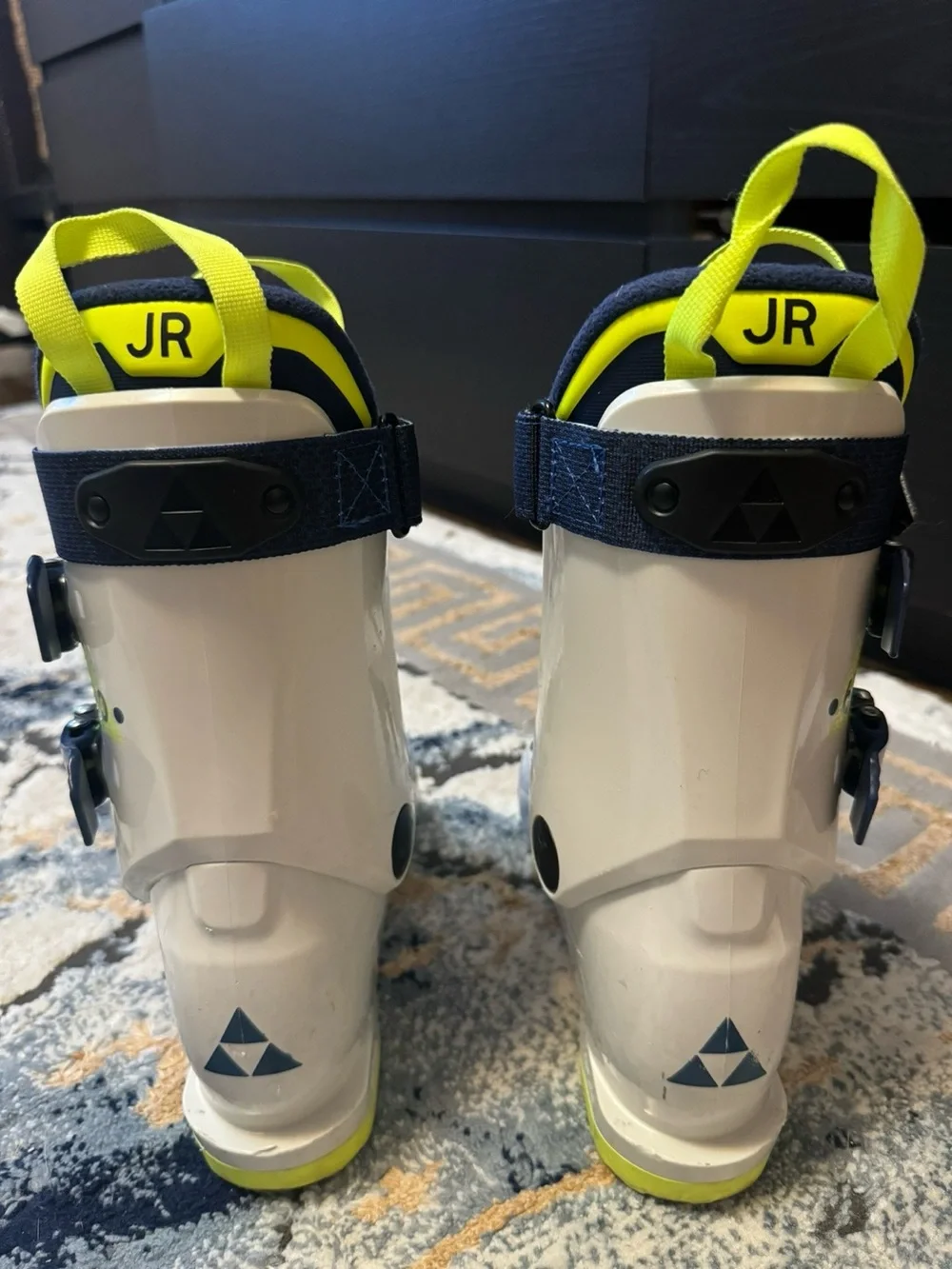 Kids Fischer neon White Ski Boots with Yellow Soles 195